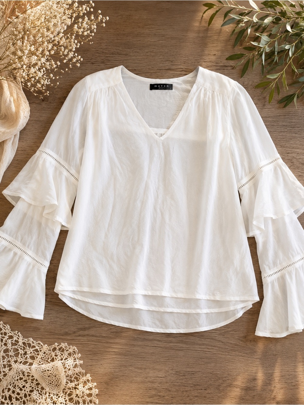 Maven West 100% Cupro Sheer Bell Sleeve Blouse Top White Size Small